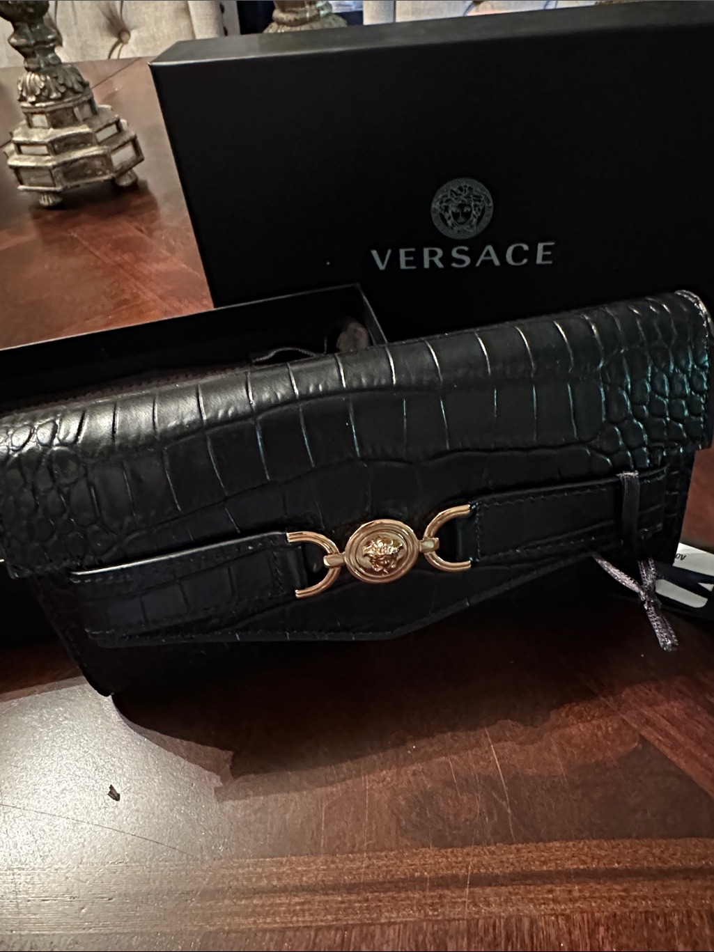 Versace Black Croc-Embossed Leather Clutch With Gold Medusa Hardware